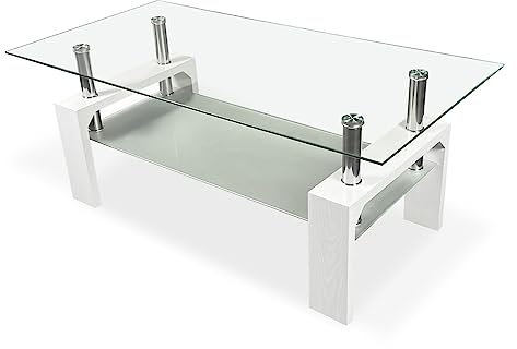 Homey - Mesa de Centro de Cristal, Mesita de Salón o Comedor, Modelo Tango, Acabado en Color Blanco, Medidas: 110 cm (Ancho) x 55 cm (Fondo) x 45 cm (Alto)