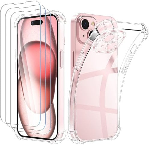 Giolus 4-in-1 Case for iPhone 15 with 3 Pack Screen Protector, Crystal Clear Shockproof Phone Case with Built-in Camera Lens Protector, Soft TPU Bumper Anti-Scratch Silicone Cover
