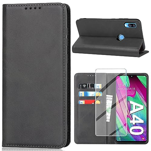 Handyhülle für Samsung Galaxy A40 Hülle mit Schutzfolie, Schutzhülle Galaxy A40 PU Leder Wallet Kartenfach Ständer Klapphülle Lederhüllen Case für Samsung A40 Tache Cover (Schwarz)