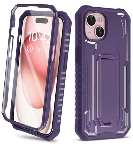 ORETECH for iPhone 15 Case, [Built-in Tempered Glass Screen Protector] [Built-in Kickstand] [Heavy Duty Protection] 2 in 1 Military Grade Shockproof Anti-Silp Cover for iPhone 15 Phone Case - Purple