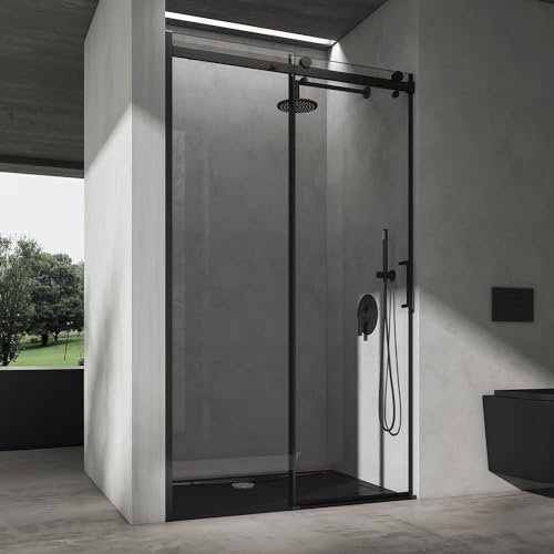 doporro Duschtür Nischentür dusche Duschabtrennung Duschkabine 130x195 cm Duschtür mit Schiebetür 8mm ESG-Sicherheitsglas Klarglas Duschwand schwarz inkl. Nano-Beschichtung Teramo19K schwarz