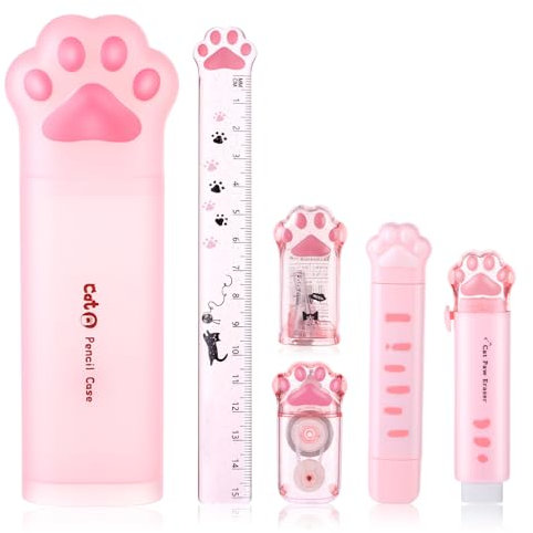 Andibro Niedliches Katzenpfoten Briefpapier Set, 6 teilig Kawaii Katzen Briefpapier Set Bleistiftspitzer einziehbarer Radiergummi Korrekturband Lineal Schulbedarf für Katzenliebhaber Studenten Schreib