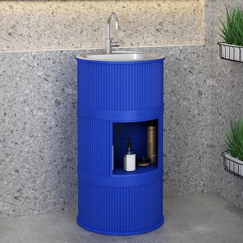 Lavandino a Colonna Moderno in Ferro Battuto, Mobile da Bagno con Lavabo in Acciaio Inox, Lavandino su Piedistallo Freestanding Set con Rubinetto e Scarico (con contenitore,Blu)