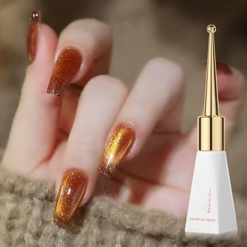 Jelly Cat Eye Gel Nail Polish, Gold Glitter Crystal Gel Polish, Gold Shiny Magnetic Nail Polish Soak Off UV/LED, Sparkle Shiny Amber Holographic Cat Eye Gel Polish for Nail Art Salon DIY at Home