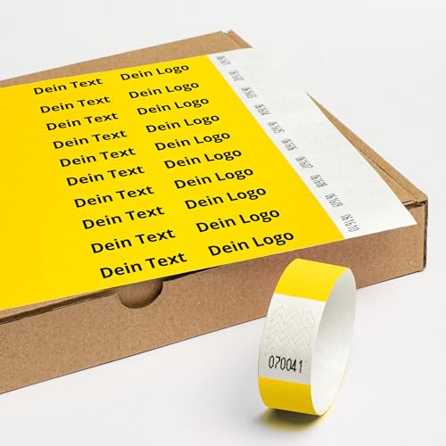 Personalisierbar Einlassbänder aus Tyvek 100 Stück - 19x255 mm Gelb | Mit Aufdruck oder Logo, Events, starke Klebstoffbindung, Antiallergen - Selbstklebend und Wasserdicht Festival Armbänder