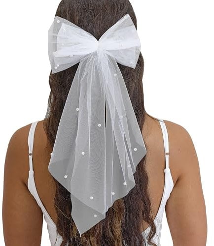 Ginger Ray Bride to Be White Tulle Bow with Faux Pearl Embellishments and Hair Clip to Attach Hen Party Wearable 46cm