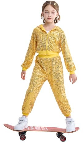LOLANTA 2PCS Kids Sequins Hip Hop Dance Costume Street Dancewear Long Sleeve Hooded Jacket & Trousers Set, Gold, 8-9 Years, 140