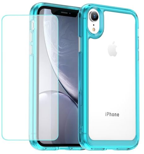 Wanyuexes Coque pour iPhone XR Verre Trempé, Anti-Jaunissement Protection Militaire Étui de Mince Bumper Housse pour iPhone XR Bleu
