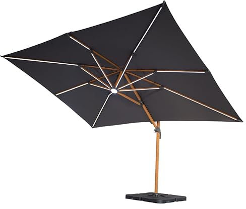 Avril Paris Parasol Déporté LED 3x4m Rectangle en Aluminium Housse de Protection Incluse- Rotatif 360° - Couleur Bois Clair et Anthracite - OPERA