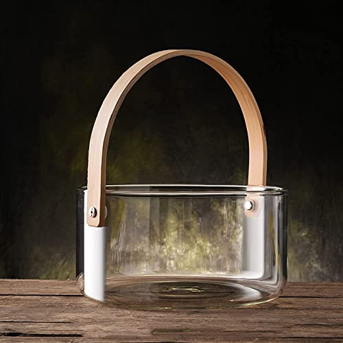 Seau à Glace en Verre de 1,5 L/2,7 L avec poignées en Bois, pour glaçons, Bouteilles de bière et de Champagne, seaux à Glace Transparents pour fêtes, Baril de Boissons