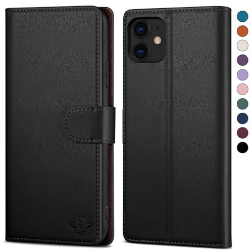 SkyDuck Leather Flip Case for iPhone 12/12 Pro, RFID Blocking, Credit Card Holder, Tempered Glass Screen Protector, Black