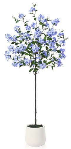 SOGUYI 150cm Artificial Hydrangea Tree - Faux Blue Silk Flowers in White Imitation Ceramic Planter - Fake Plants for Indoor Home Office Decor