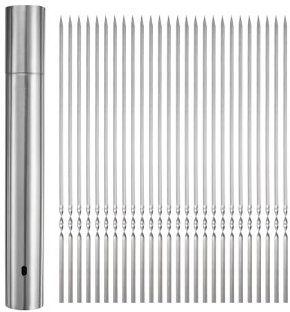 QUARKZMAN 100 unidades de Brochetas de Metal de 35 cm x 5 mm de Acero Inoxidable Palitos Planos Reutilizables para Barbacoa al Aire Libre con Tubo de Almacenamiento para Carne, Camarones