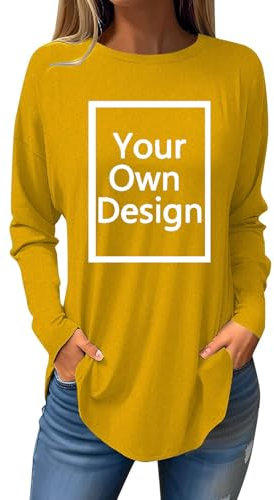 Orange Tunic Tops for Women UK Clearance Personalised T Shirt Custom Print Long Sleeve T Shirt Make Your Own T Shirt Customised T Shirt Ladies Round Neck Jumper Longline T Shirts Streetwear