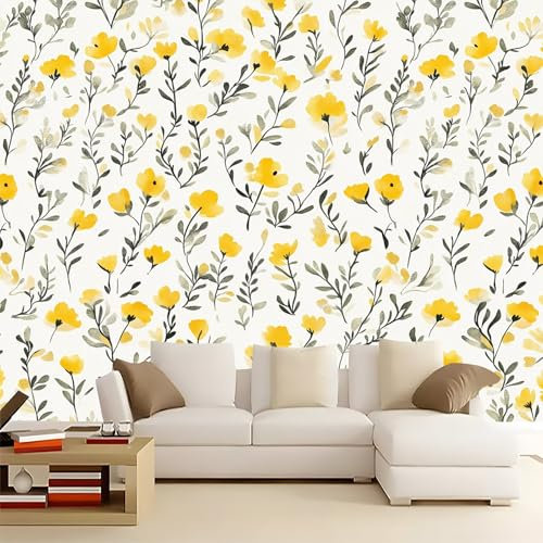 Papiers peints 350 x 256 cm Papier Peint Panoramique Design unique et moderne Fleurs sauvages aquarelle Peint intissé Chambre Salon Décoration Murale Jaune