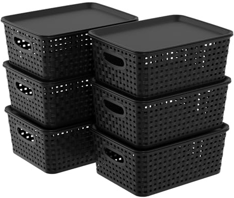 Qqbine Set of 6 Plastic Lidded Storage Shelf Baskets, Stackable Storage Basket with Lid, Black