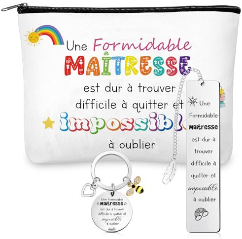 Nuenen Cadeau Maitresse d'École Fin d'Année Porte Clef Maitresse Trousse de Maquillage et Marque Page pour Enseignante Idée Cadeau Merci Professeur Cadeau Atsem pour Femme(Une Formidable Maîtresse)