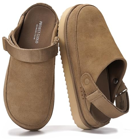 Project Cloud 100% Genuine Leather Clogs for Women - Memory Foam Womens Clogs & Mules with Adjustable Straps - Lightweight Platform Shoes Non-Slip Slides (Goldstar, KHAKSUEDE,5.5)