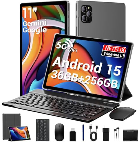 LEVIRTU Tablet 11 Pulgadas Newest Android 15 con 36GB+256GB(2TB Expandible),Octa-Core 2.0GHz Tableta, 8000mAh Widevine L3/5G/2.4GWiFi/13MP+8MP/ Facial ID/GPS/BT5.0/ Tablets con Teclado Ratón-Gris