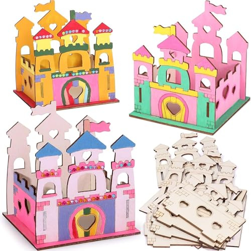 Ristpal 60 Stück Bastelsets für Kinder, Basteln Kinder Schloss Holzanhänger zum Bemalen, Kindergeburtstag Basteln Mädchen, DIY Kreativsets mit Aquarellstift Edelsteinaufkleber