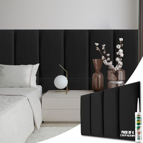 NOVECRAFTO Velvet Padded Wall Panels Set of 4 - Black Upholstered Anti-Collision Panels with Adhesive - H23.6 x W11.8 (60x30cm) Cushioned Paneling for Beds, Kids Room, Hallways & Feature Walls
