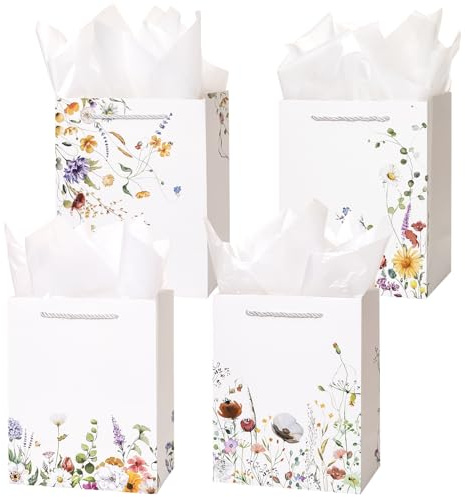 Crisky 4 Pack Medium Gift Bags with Handles, Wildflower Floral Wedding Gift Bag Medium Size Goodie Bags with Tissue Paper for Bridal Shower, Engagement, Birthday, Graduation, Small Business