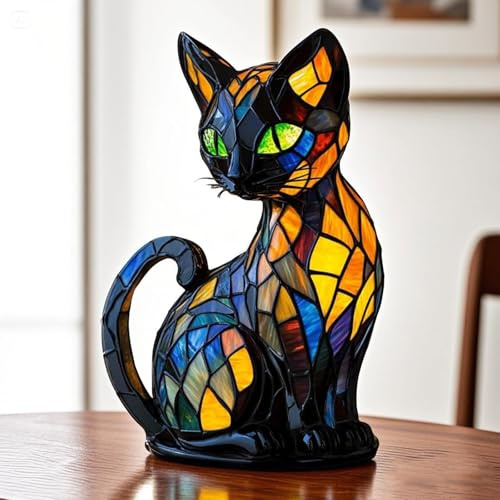 Rubu22a Katzenlampe Buntglas, Retro Katze Buntharz Tischlampe Nachtlicht - Süße LED-Lampe mit Haustiermotiv, Tierserie, Geschenk für Katzenliebhaber (A)