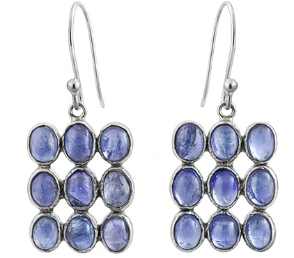 Tansanit Ohrringe Oval Cabochon 925 Sterling Silber | Zargenfassung Handgefertigt 3,5 cm Hängeohrringe Damen