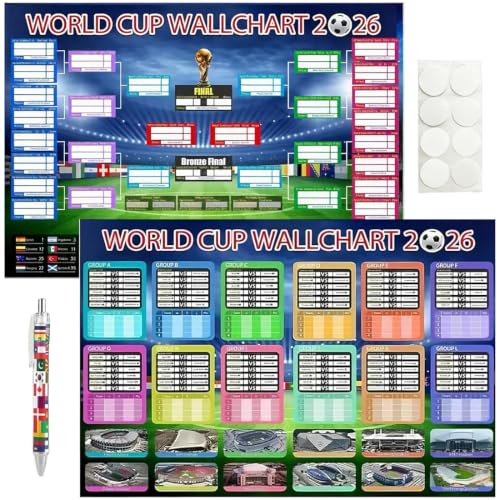 AEKZOX Lot de 2 Affiches Calendrier Coupe du Monde Football 2026-90x60cm - Planificateur complet avec Résultats, Tous les Matchs, Groupes & Phases Éliminatoires - Décoration Murale & Cadeau Fan