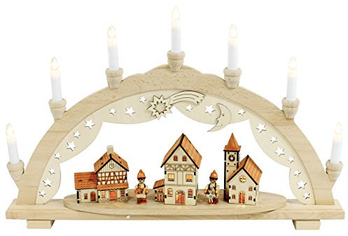 Dekohelden24 10 Flammiger Buchenholz Schwibbogen, Motiv: Winterfiguren in der Stadt, mit beleuchteten Häusern, Breite 57 cm x Tiefe 9 cm x Höhe 38 cm