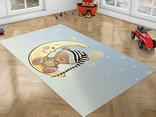 Kinderteppich schlafende Teddybär sitzend auf dem Mond Hintergrund weiß PVC verschiedene Maßnahmen | Kinder Matte PVC | Boden vinílico für Kinder 95 x 133 cm