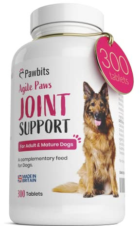 Pawbits 300 Adult Senior Dog Hip & Joint Supplements for Older Mature Dogs. High Strength Green Lipped Mussel Supplement for Elderly Dogs with Stiff Joints - Glucosamine, Vitamin C & E