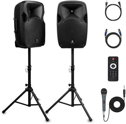 PRORECK Party 12 12-Inch 1800W 2-Way Powered PA Speaker System Combo Set with Bluetooth/USB Drive/SD Card/FM/Remote Control/Speaker Stands for Indoor, Outdoor DJ Parties, Personal Gatherings, Karaoke