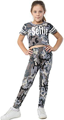 A2Z 4 Kids Girls Camouflage Crop Top Legging Set Trendy Lightweight - Camo Selfie Crop & Legg Charcoal 9-10