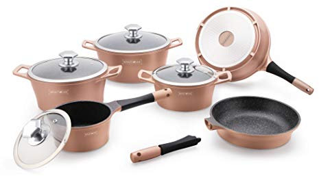 Royalty Line RL-ES1014M; Batterie de cuisine avec revêtement en marbre 14 pièces - cuivre