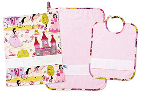 FILET - Ensemble Trois Pièces Jardin d'Enfants avec Toile Aida à Broder, Composé d'un Sac, une Serviette et un Bavoir en Tissu Éponge Coloré, 100% Coton Made in Italy, Motif Princesses Fond Rose
