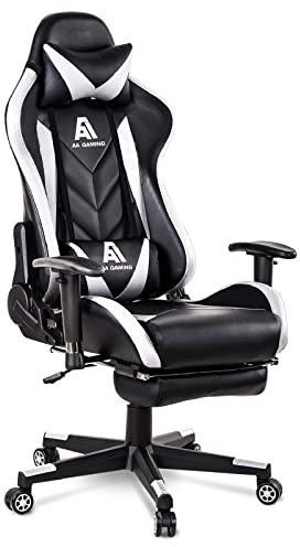 AA Products Gaming Chair High Back Ergonomic Computer Racing Chair Adjustable Office Chair with Footrest, Lumbar Support Swivel Chair - White