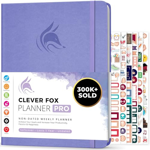 Clever Fox Planner PRO, Undated Weekly Planner, 21.5x28cm Lavender | Large monthly & weekly life planner, undated layout, habit tracker, goal setting, to-do list, 120gsm paper, lay-flat binding