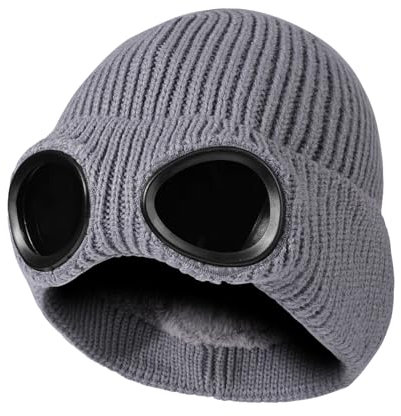 TAGVO Winter Warme Strickmütze, Winddichte Thermo Weiche Fleecefutter Skifahren Wandern Laufen Mütze mit Abnehmbarer Schutzbrille, Slouchy Thick Skull Cap für Männer Frauen Erwachsene Outdoor Sport