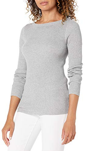 Amazon Essentials Women's Lightweight Ribbed Long-Sleeve Boat Neck Slim-Fit Jumper, Light Grey Heather, M