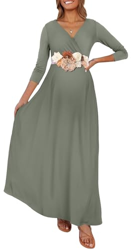 Kim S Robe Maxi de maternité froncée avec Ceinture à Fleurs, col en V, Robe de fête prénatale, Tailles S à 3XL, Vert, Taille XL