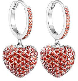 Orecchino a cerchio da donna a forma di cuore, orecchini a goccia ipoallergenici placcati in oro rosa e argento con zirconi (Rosso, Placcato in argento)