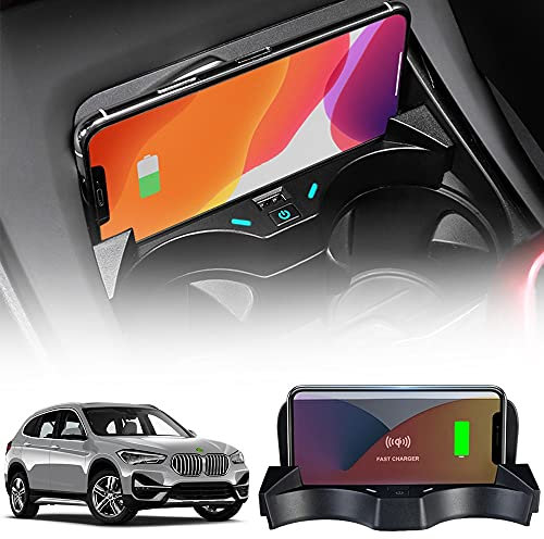 Wireless Car Charger Compatible with BMW X1/X2 2016 2017 2018 2019 2020 2021 Center Console Accessory Panel, 15W Qi Fast Charging Phone Charger Pad with QC3.0 USB for iPhone 12/11 Samsung
