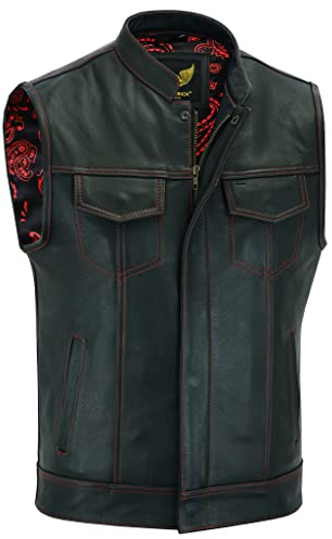 Leatherick Groove Club Gilet Pelle Uomo - Fodera In Raso Paisley Tradizionale Con Cuciture a Rossi