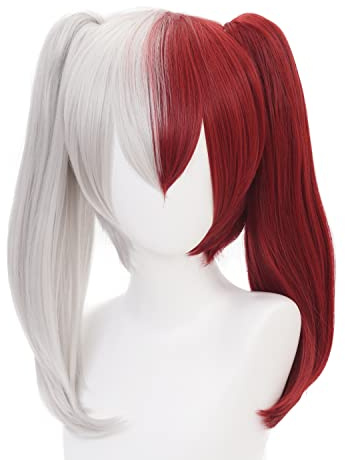 Halb Rot Weiß Doppel Ponytail Lange Cosplay Perücke Hitzebeständige Synthetische Kostüm Haare für Frauen Männer Halloween Cos Anime Party Ersatz Perücken