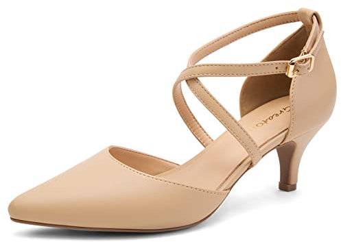 Greatonu Womens Court Shoes Pointed Toe Kitten Mid Low Heel Sandals Ladies Ankle Strap Pumps Nude Size 5