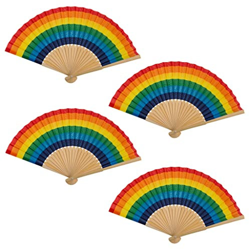 MIJOMA 4 Stück Set Handfächer aus Holz, Handfächer für Abkühlung im Sommer, am Strand, für Hochzeiten Fasching Pride (Regenbogen)