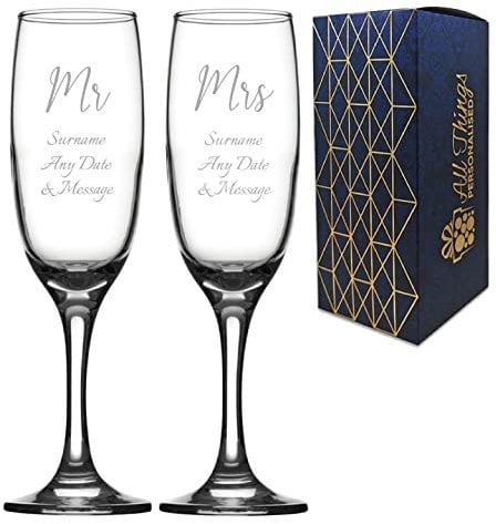 Personalised Engraved Wedding Champagne Set Mr and Mrs, His and Hers, Any Date and Message Glasses, Holds Up to 7.5oz/221ml, Imperial Flute, Handwritten Font