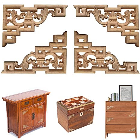 LIANCHEN 4 Stück Holz Ornamente Schrank Wand Ecke Deko vintage Ecke Holzornamente Ecke Holzschnitzerei Applique Holz Ornament Holzornamente für Möbel Vintage Deko Holz Geschnitzte Unbemalte für Möbel