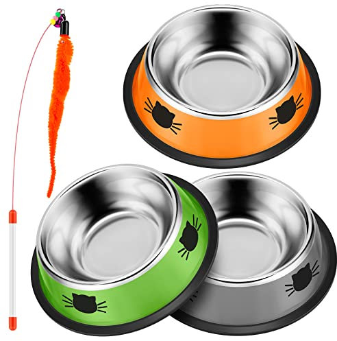 3 Pcs Stainless Steel Cat Bowl + 1 Pcs Cat Toy,Cat Food Bowl With Non Slip Rubber Base,Cat Water Bowl,Cat Feeding Bowl,Cat Bowls for Kittens,Metal Cat Bowls,Pet Bowl,Pet Bowls for Cats,Dog Bowl